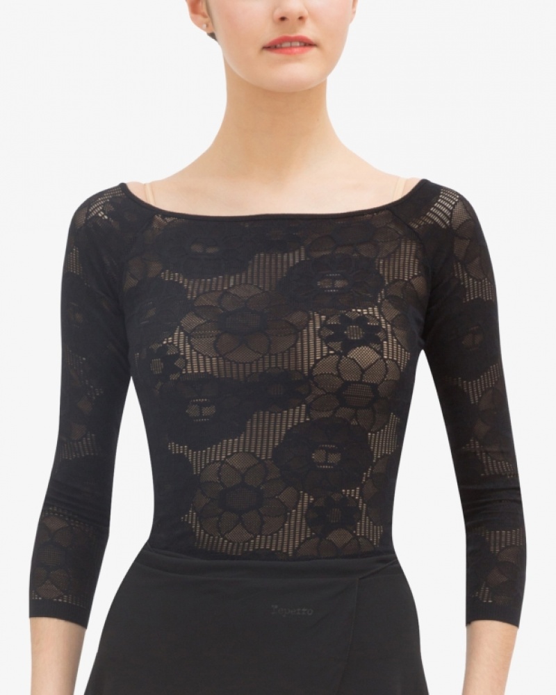 Black Repetto top in rosette lace Women\'s Long Sleeve | PH-3240-TXYQD